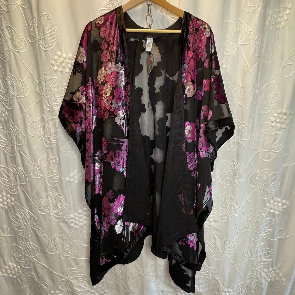 NWT J.JILL Womens Purple Black Floral Velvet Sheer Kimono Cardigan Shawl OS